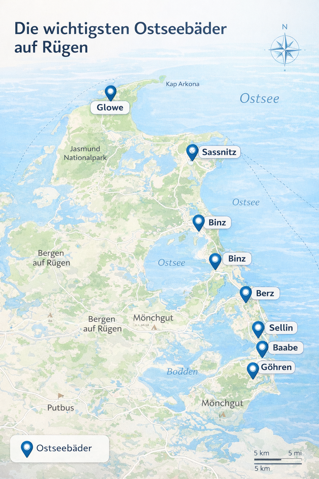 Karte der wichtigsten Ostseebäder auf Rügen mit Binz, Sellin, Baabe, Göhren, Sassnitz und Glowe